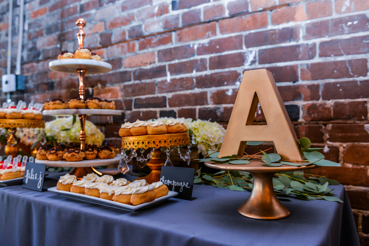 A, doughnuts, dessert bar, wedding cake