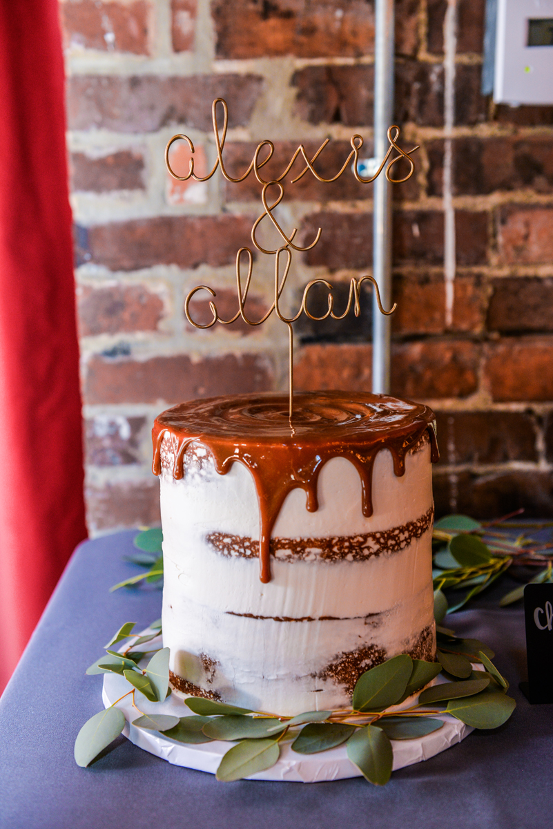 wedding cake, cake topper, copper, dripping, cake, greenery