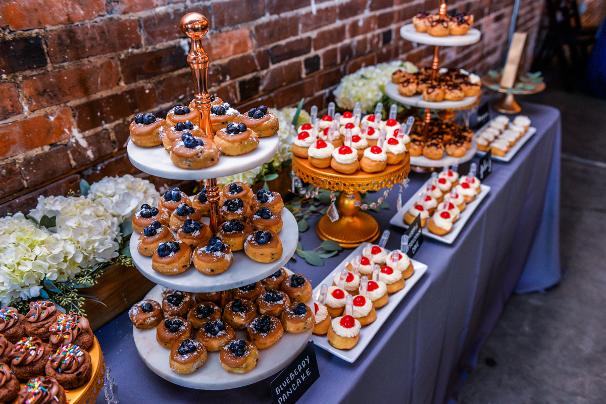 doughnuts, flowers, dessert table, cake, wedding cake