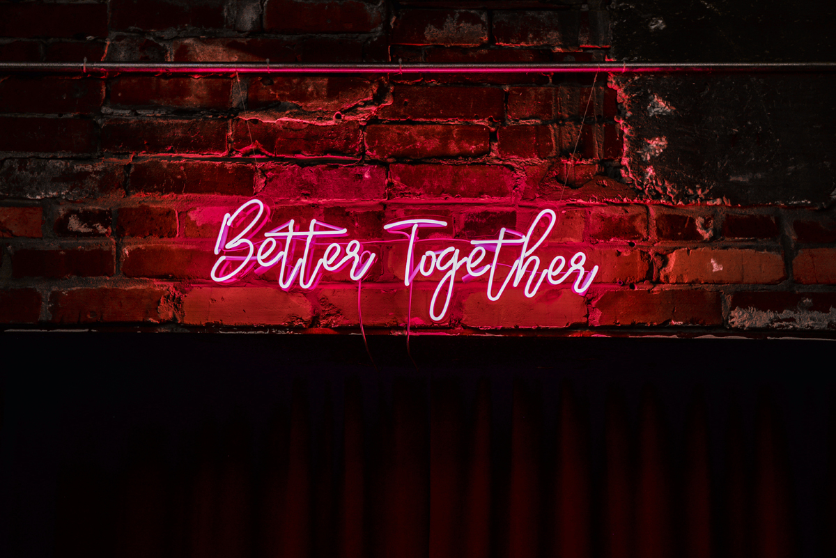 pink, neon sign, brick, better together, art