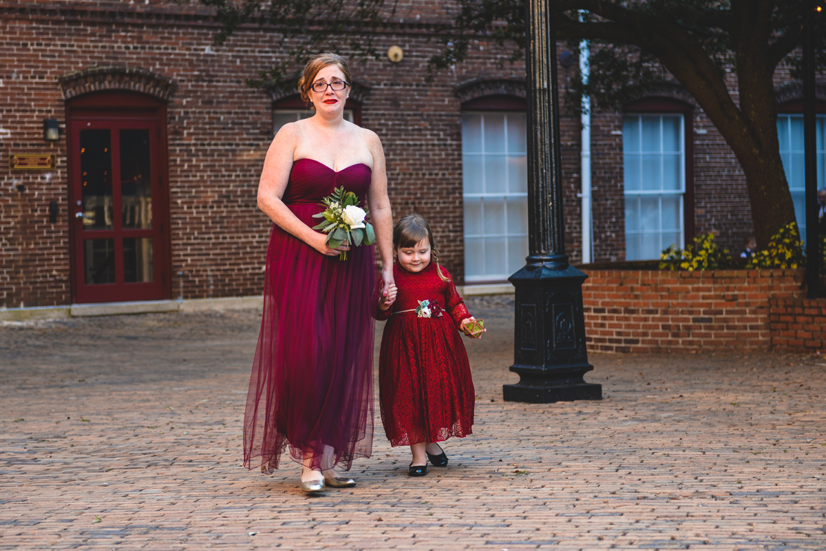 flower girl, red, dress, rings, walking, wedding, ceremony