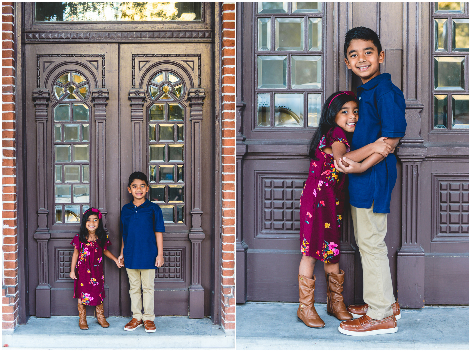 kids, siblings, hugging, door, downtown, glass