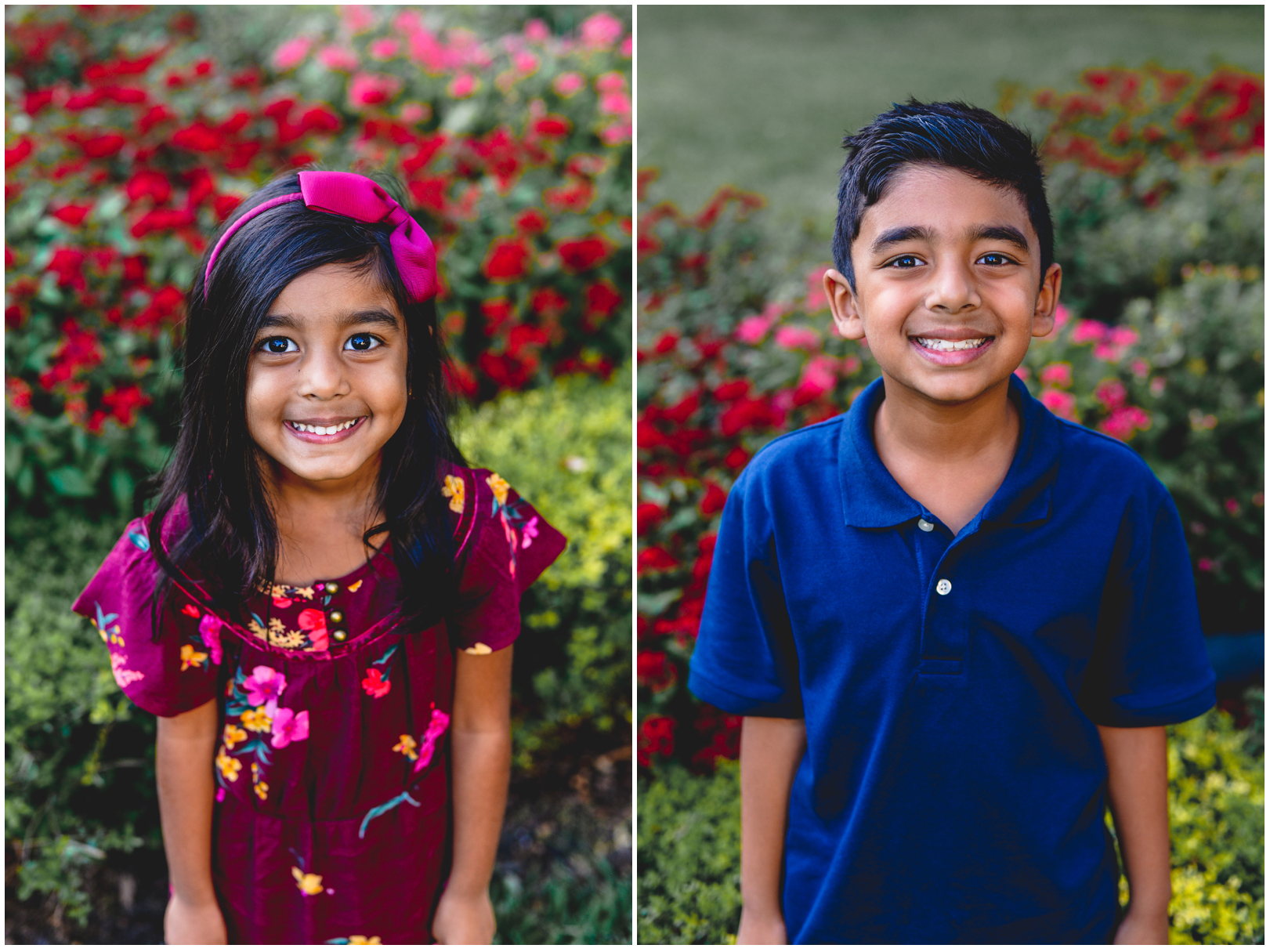 kids, flowers, portrait, brother, sister, park