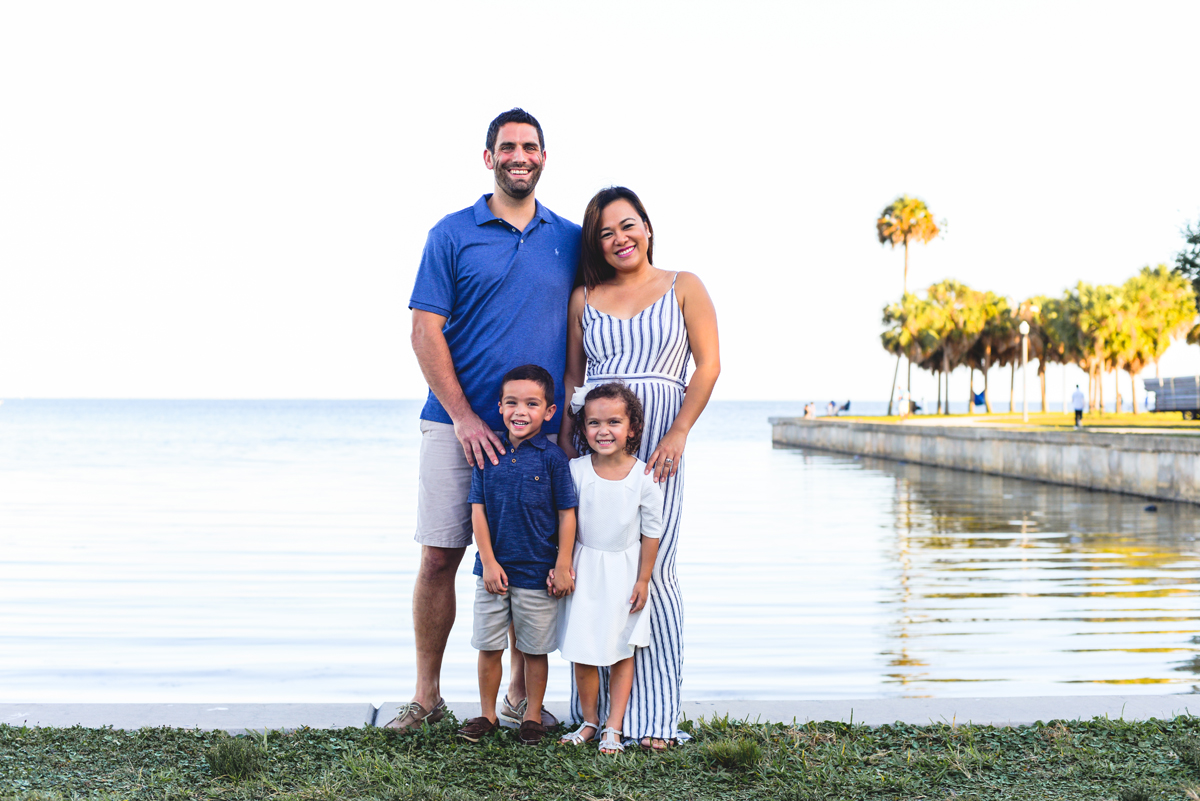 family, water, grass, palm trees, beach