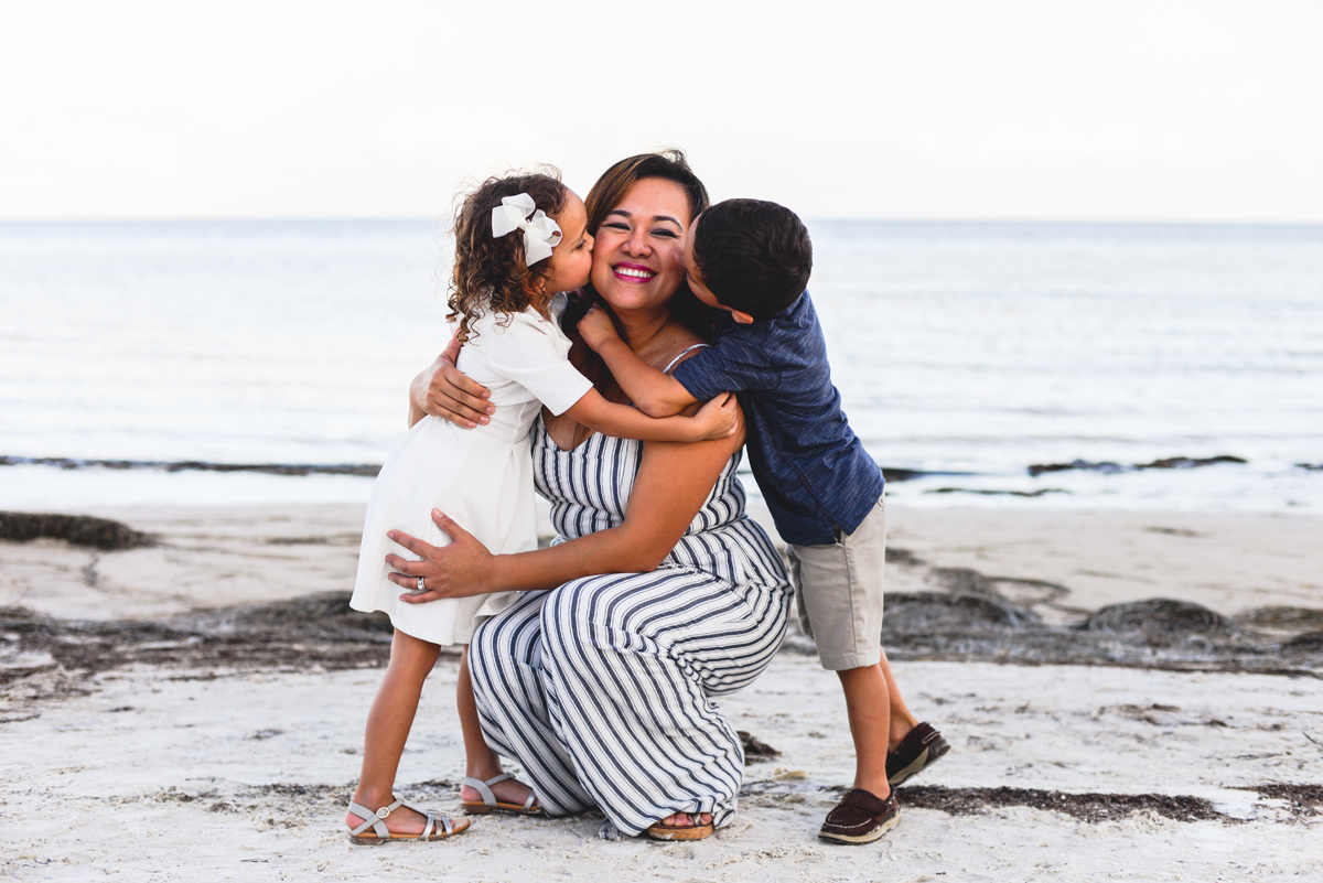 mother, son, daughter, hugs, kisses, beach, sand