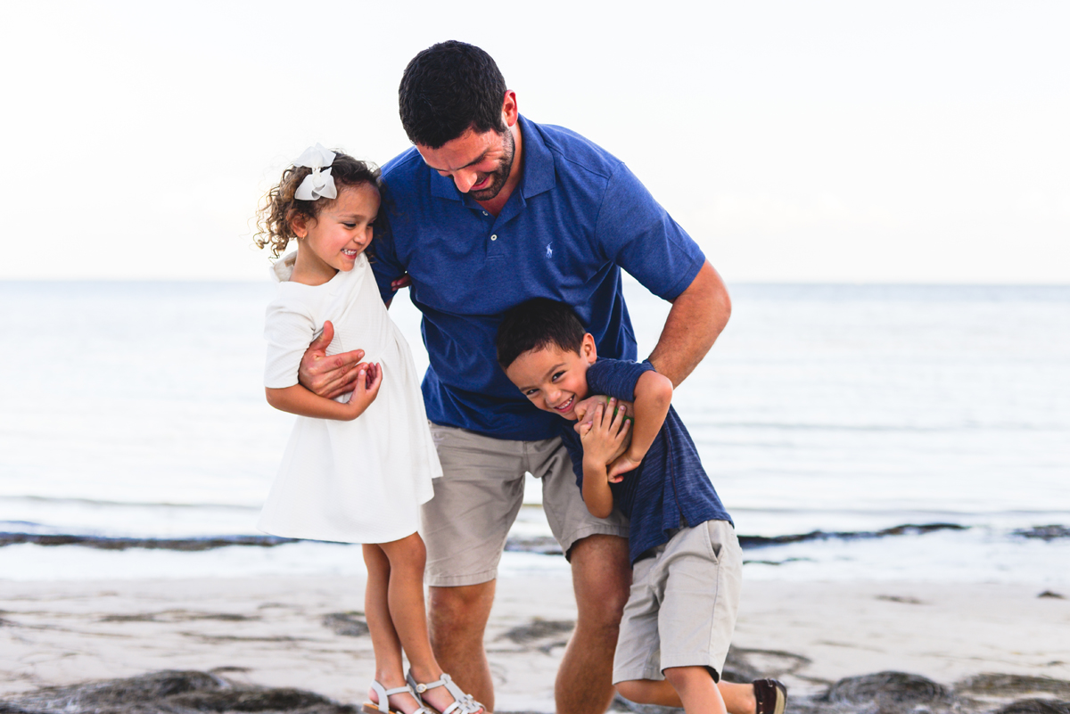 dad, son, daughter, beach, water, laughing, family