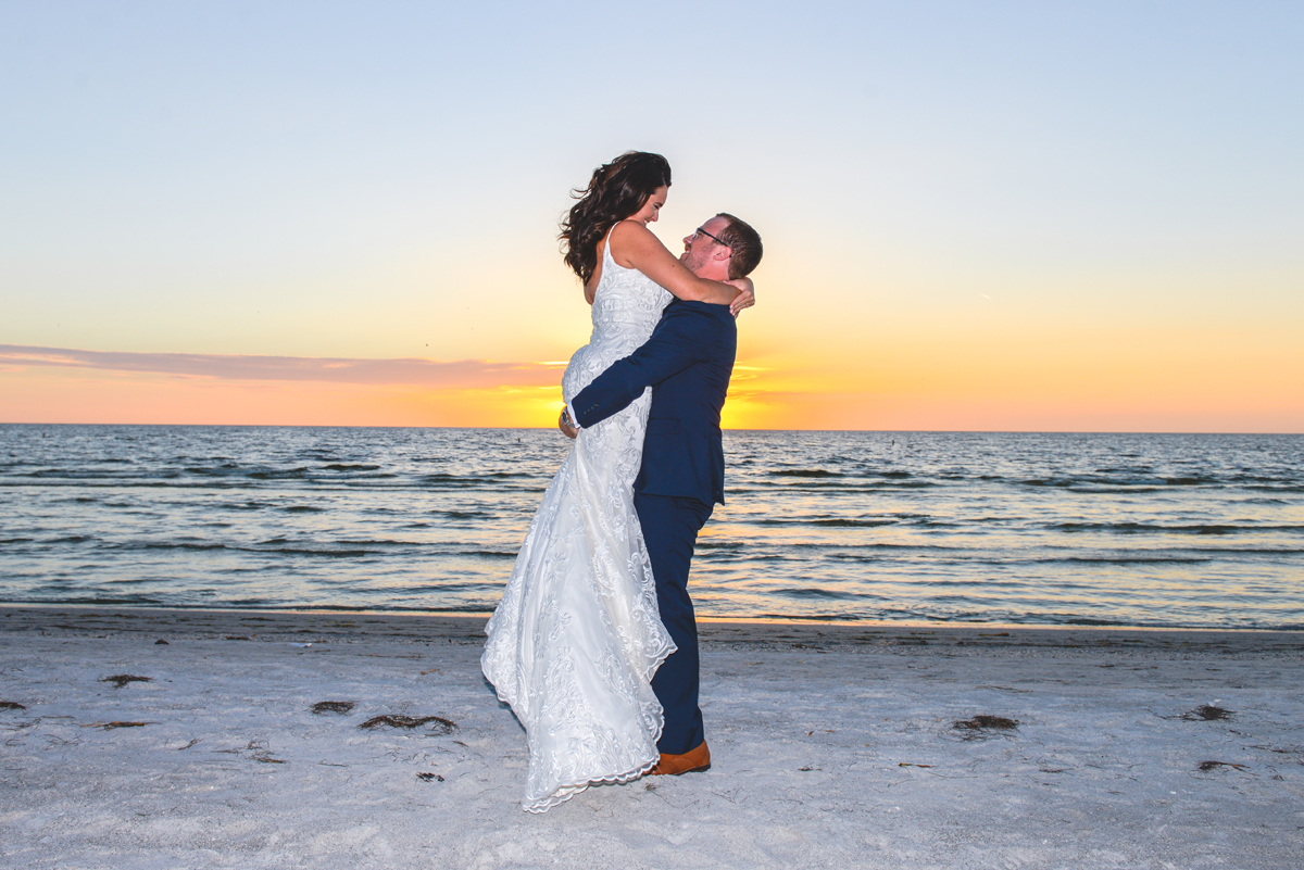 bride, groom, sunset, lifting, love