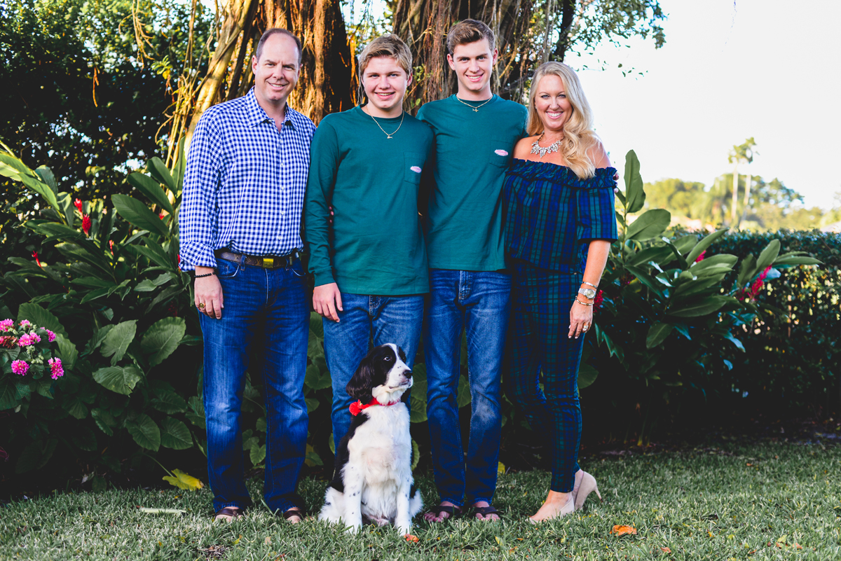 family, greenery, flowers, dog, scarf, plaid