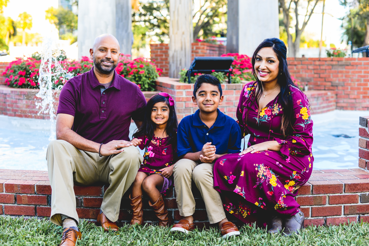 family, sitting, fountain, flowers, portrait 