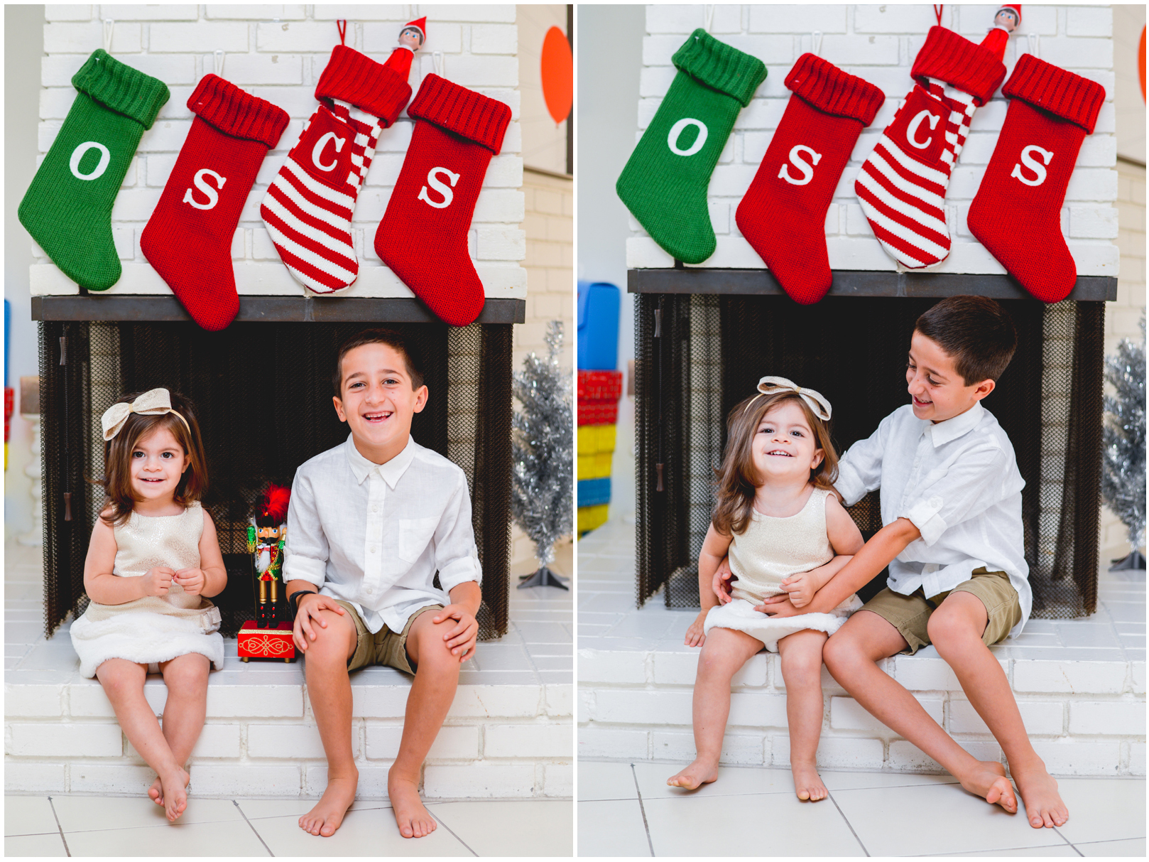 fire place, stockings, christmas, siblings, nutcracker