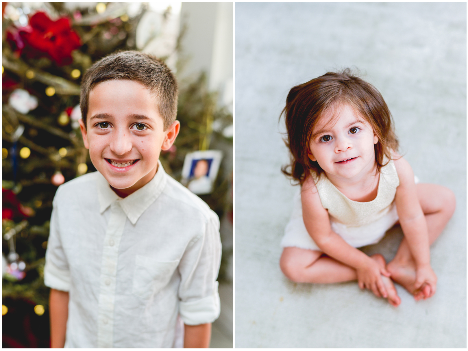 christmas tree, lights, portrait, brother, sister