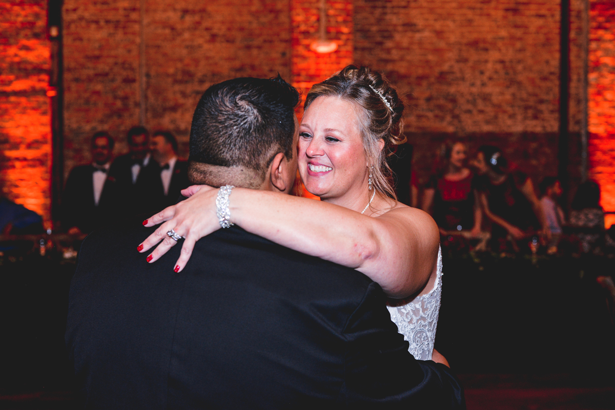 wedding day, brick, red, dancing, husband, wife