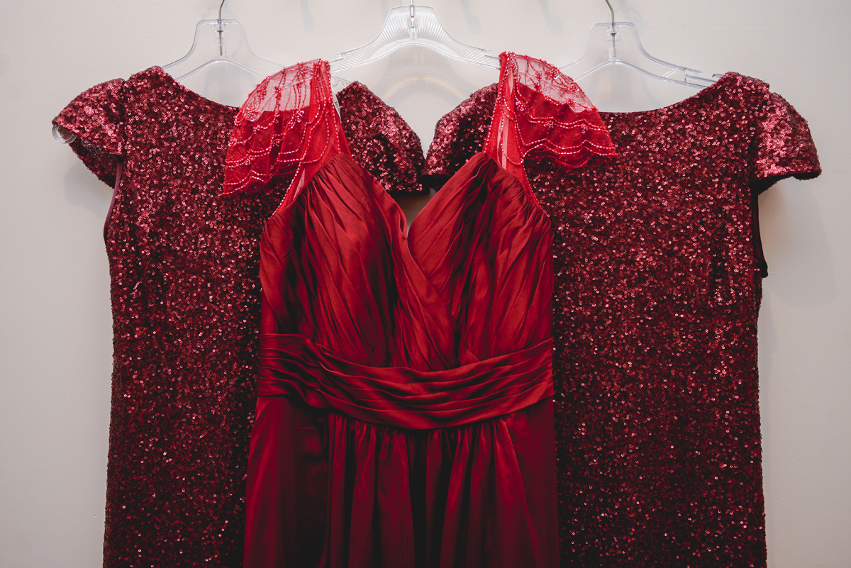 red, dresses, sequins, bridesmaids