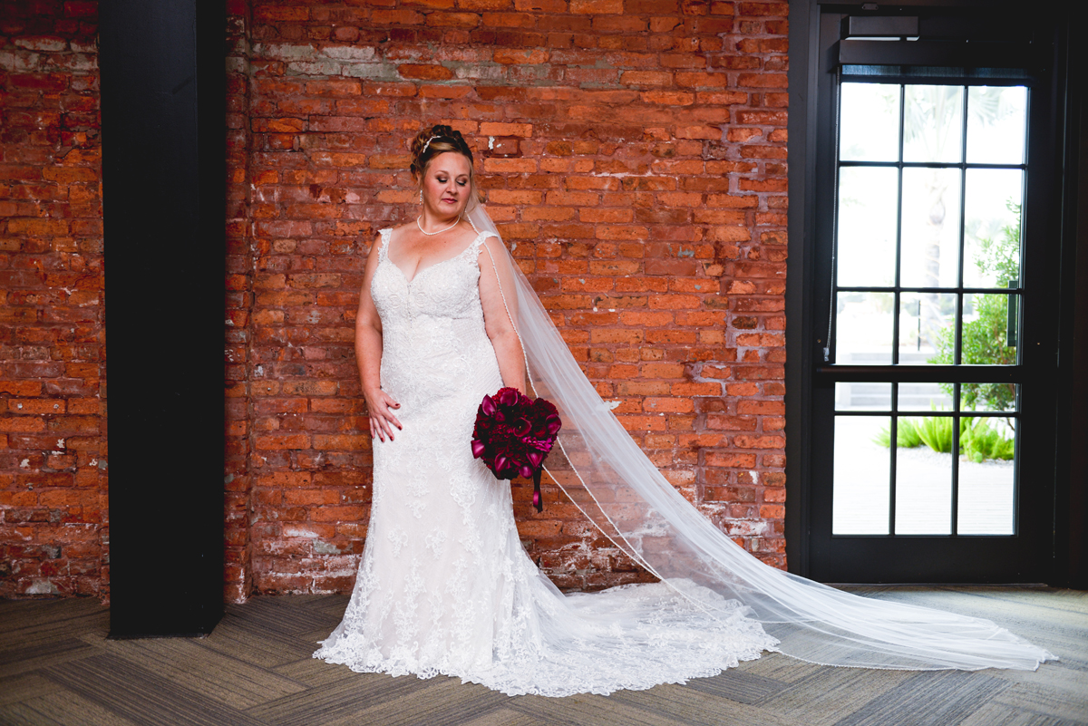 brick, widow, industrial, wedding dress, bouquet, bride 