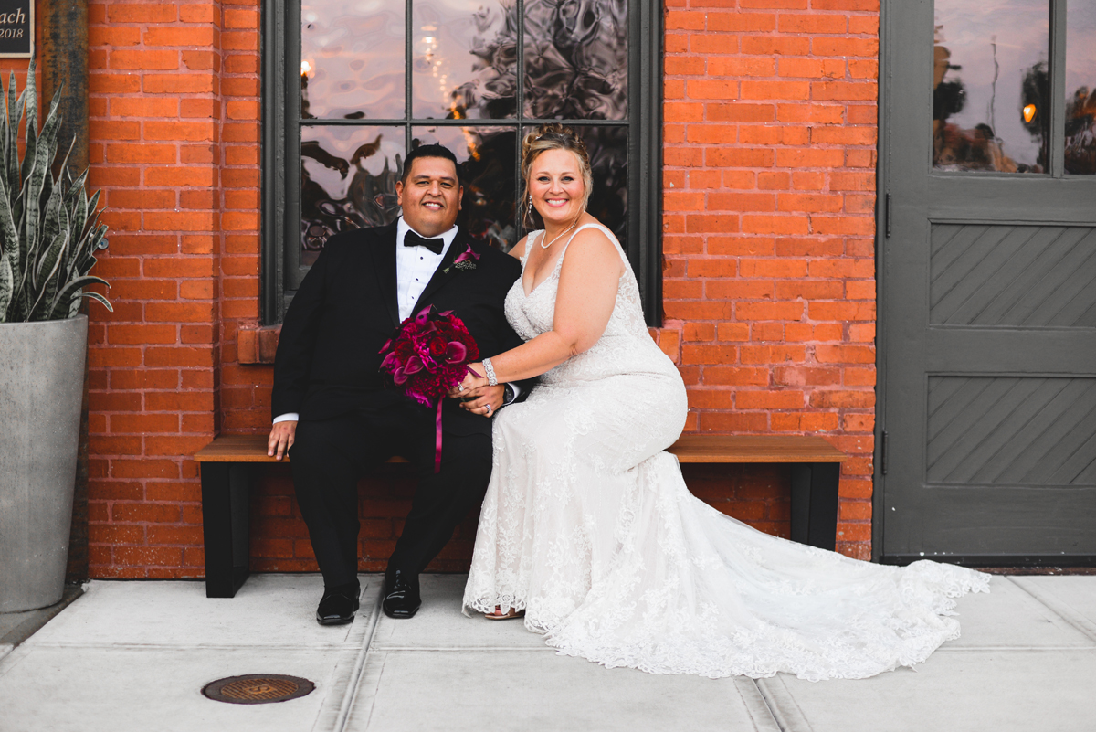 brick, bench, sitting, bride, groom, wedding, portrait