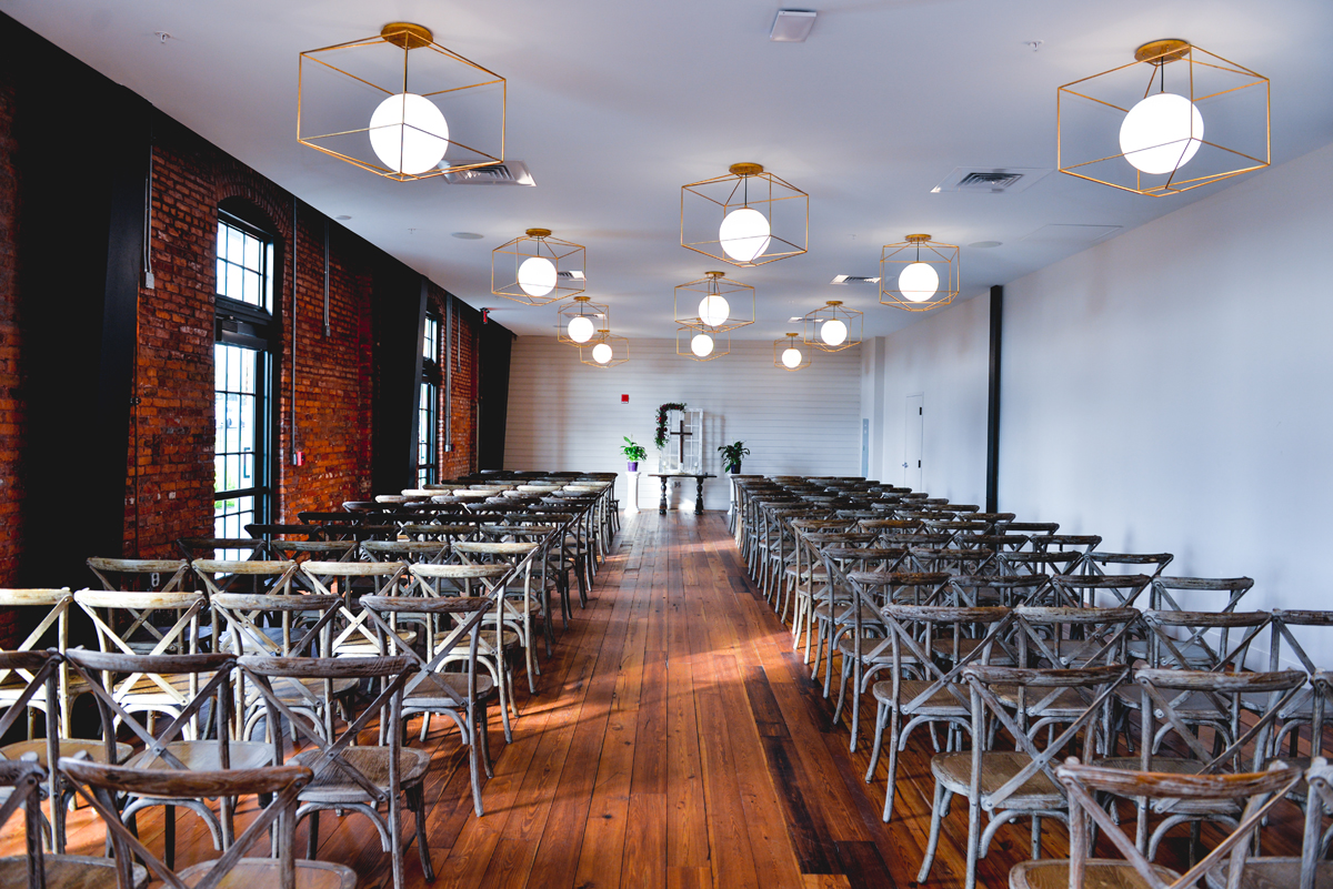 armature works, ceremony space, chairs, lights, hallway