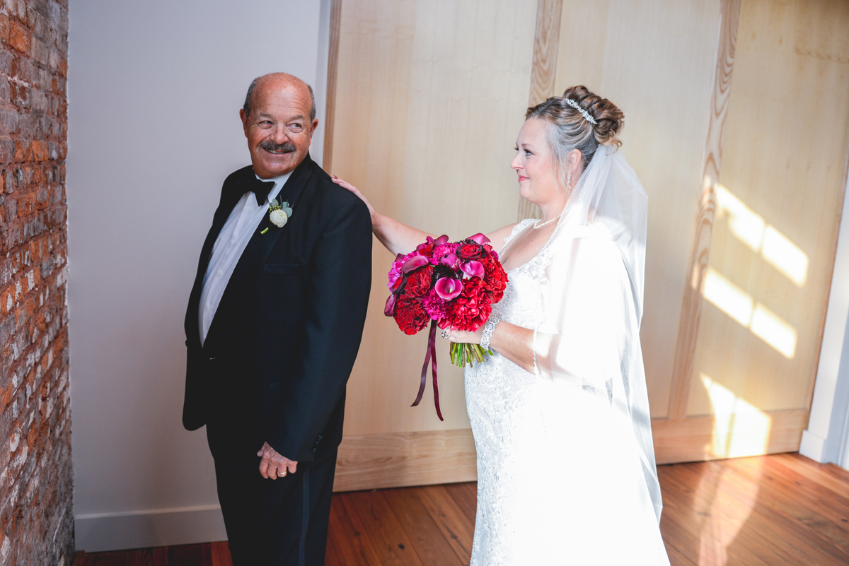 father, bride, first look, brick, wedding day