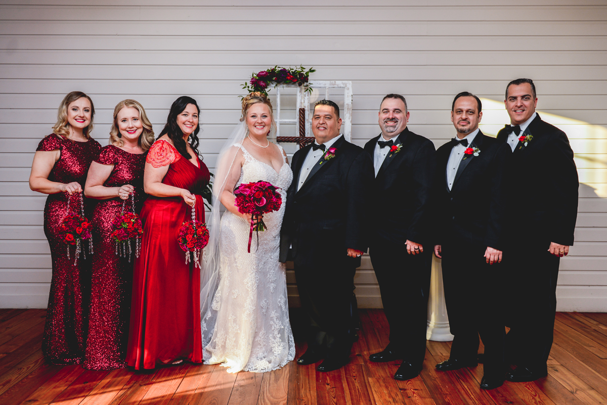 bridal party, wedding, red, black, tie, bride, groom