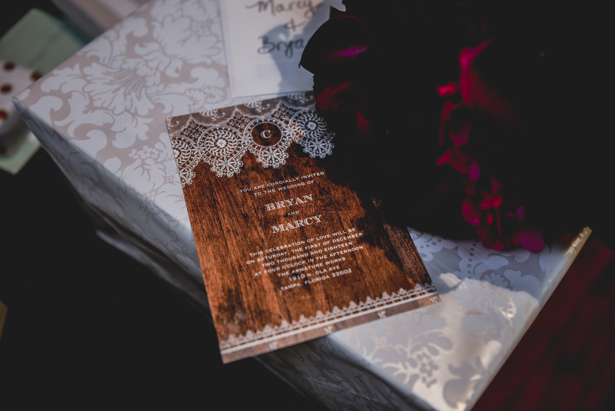 wedding invitation, lace, wood, present