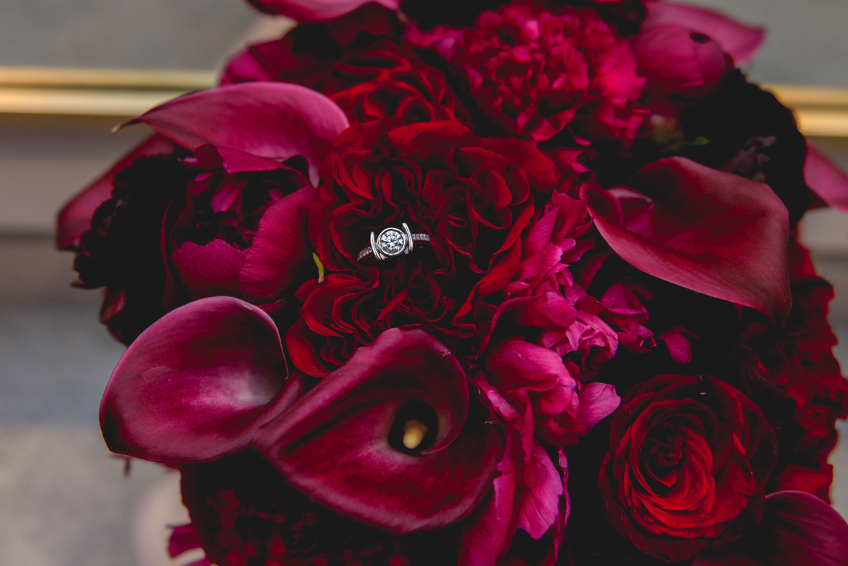 bouquet, flowers, pink, red, ring, diamond