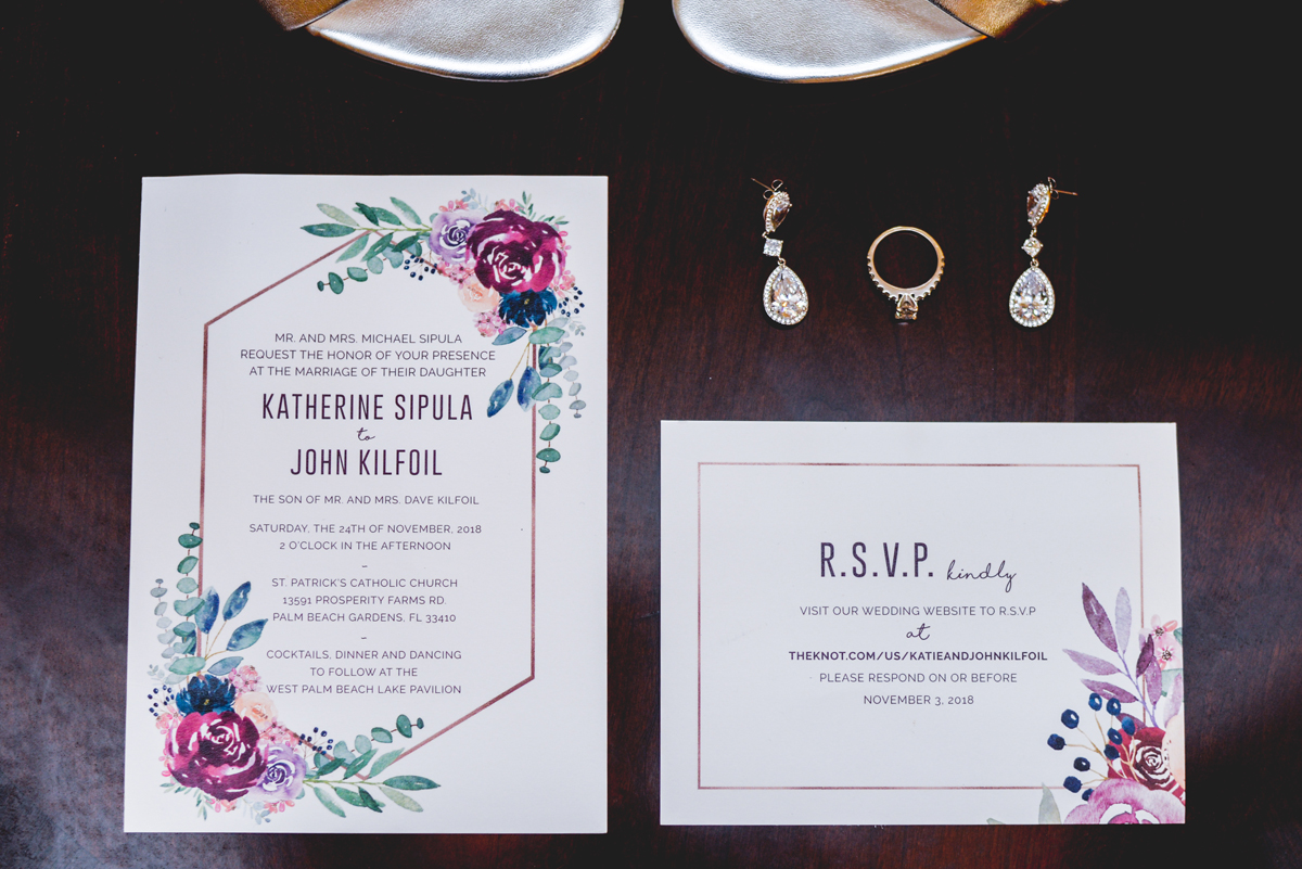 wedding invitations, details, earrings, ring, RSVP, heels