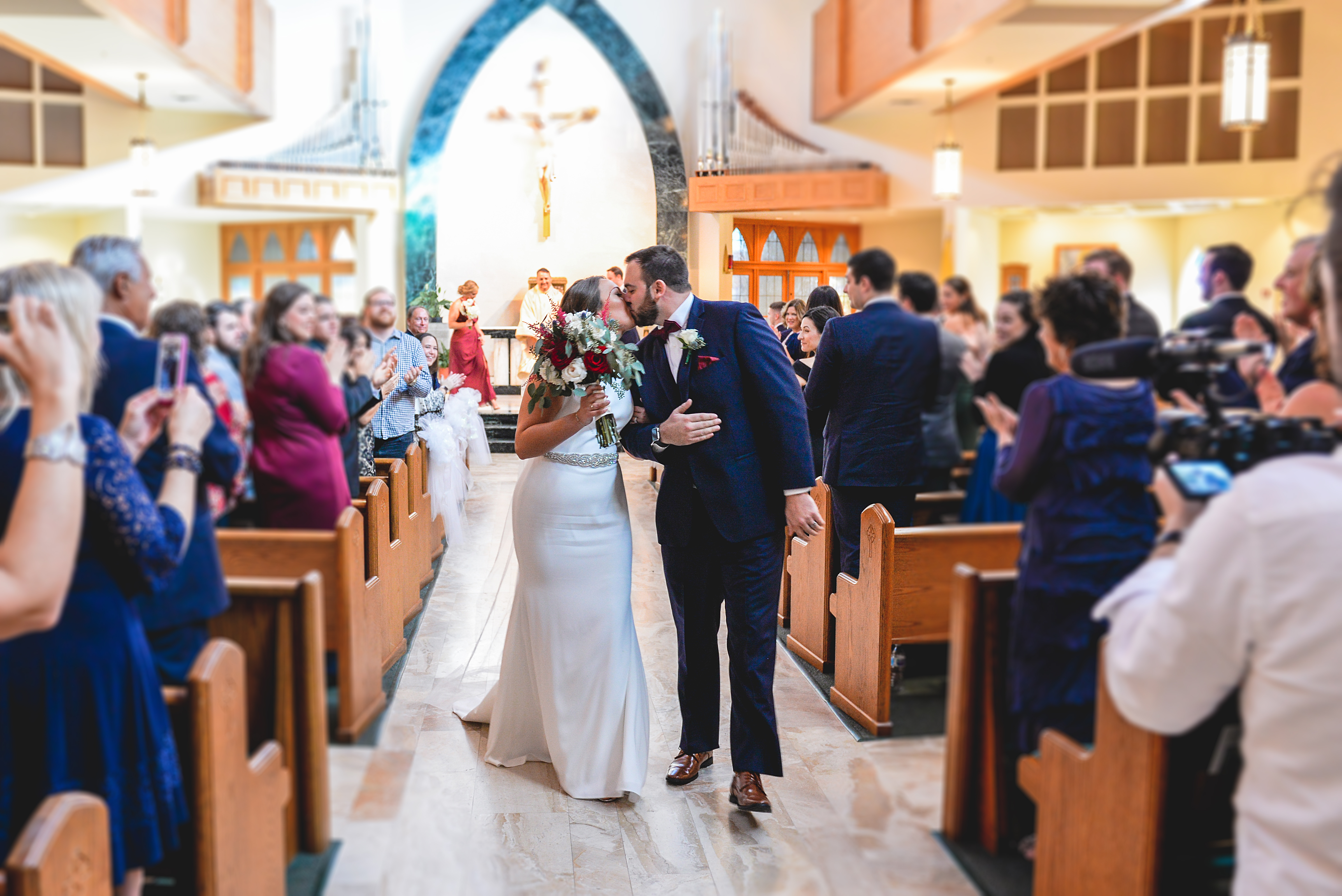 just married, husband, wife, church, kissing, flowers