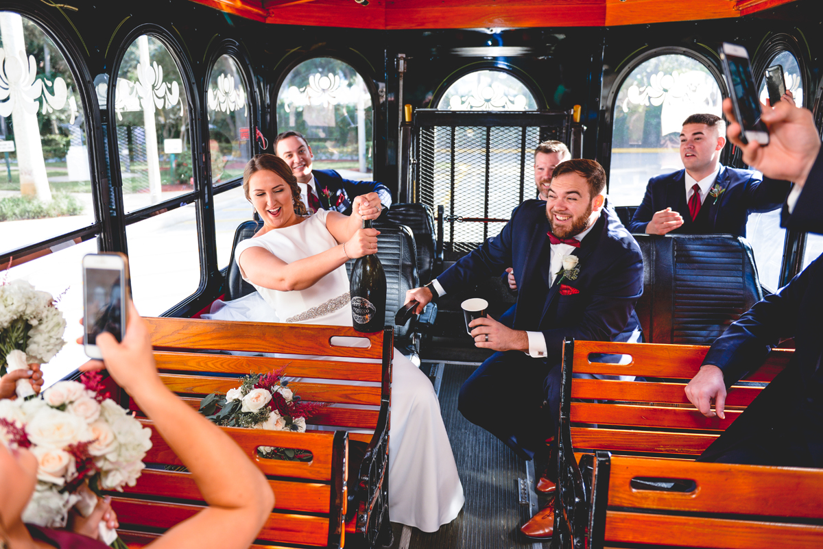 trolly, champagne, wedding, bridal party, cheers