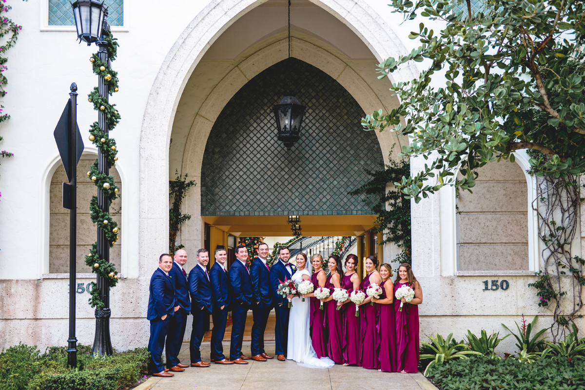 downtown, wedding, bridal party, blue, maroon, arch