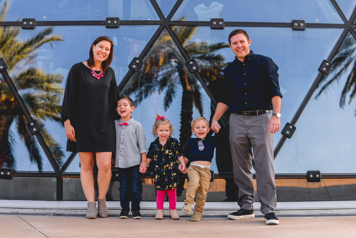 family, portrait, glass, reflection, palm trees, kids