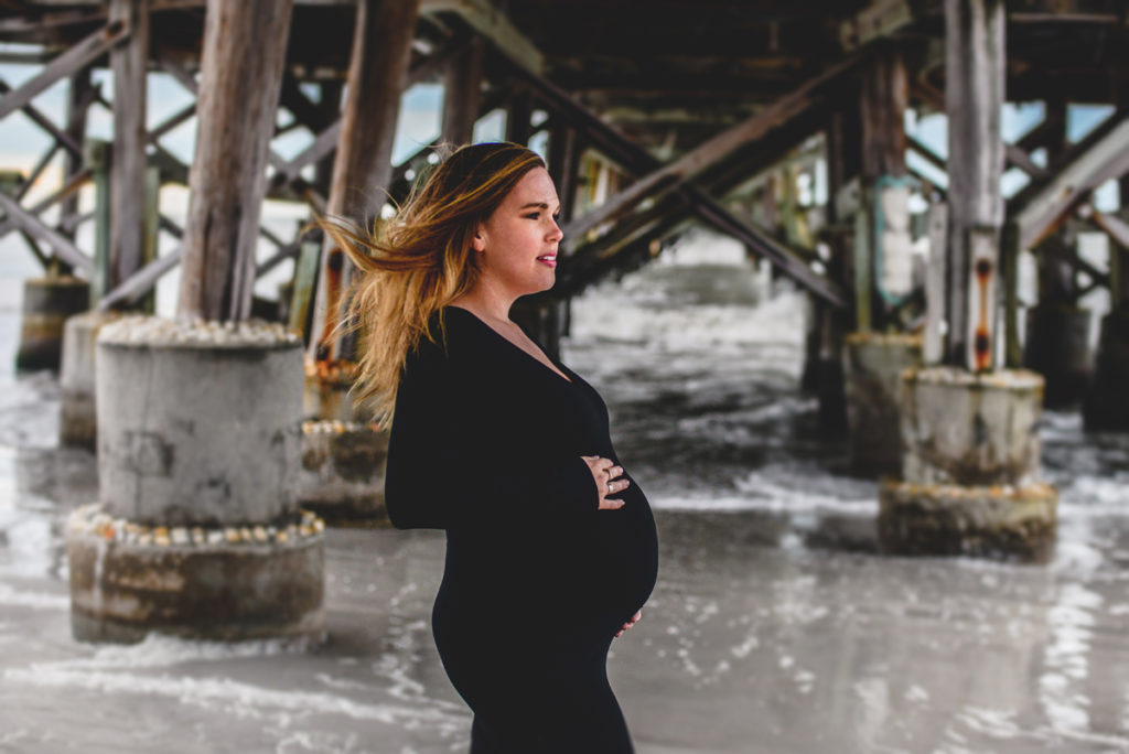 ocean, pier, waves, wind, mom, pregnant, maternity