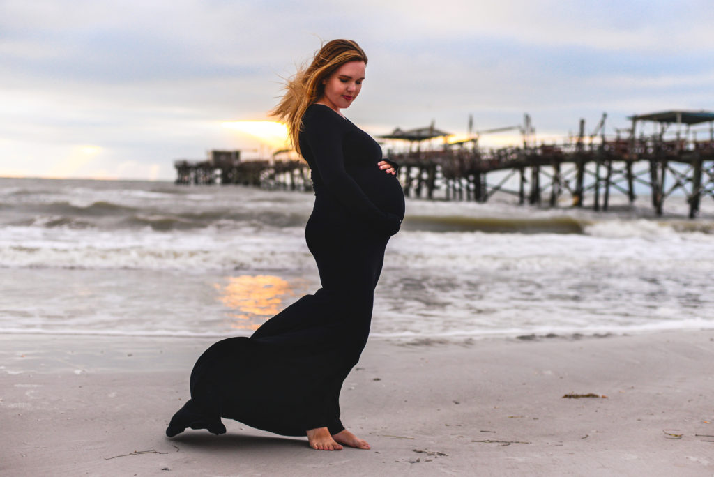 beach, sunset, pier, sand, ocean, black dress, maternity