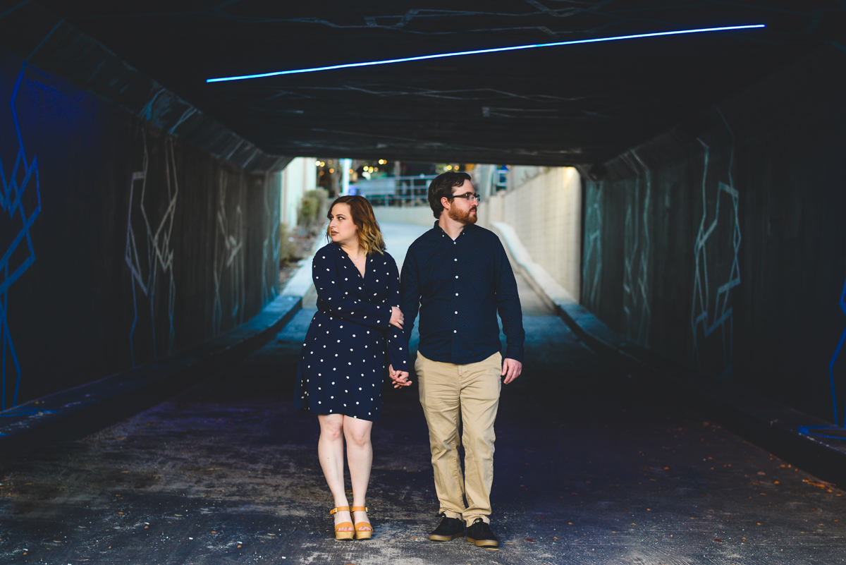 tunnel, blue, dark, holding hands, couple