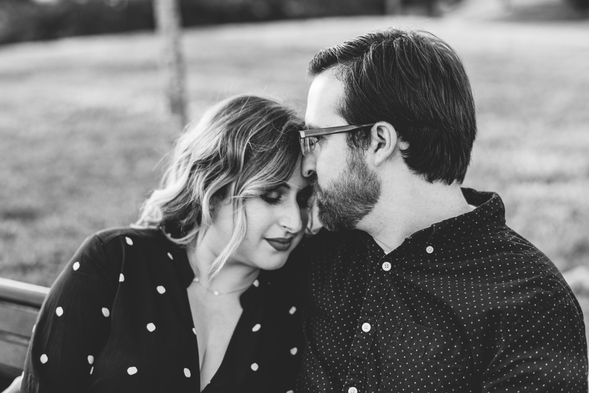 couple, portrait, black and white, bench, park