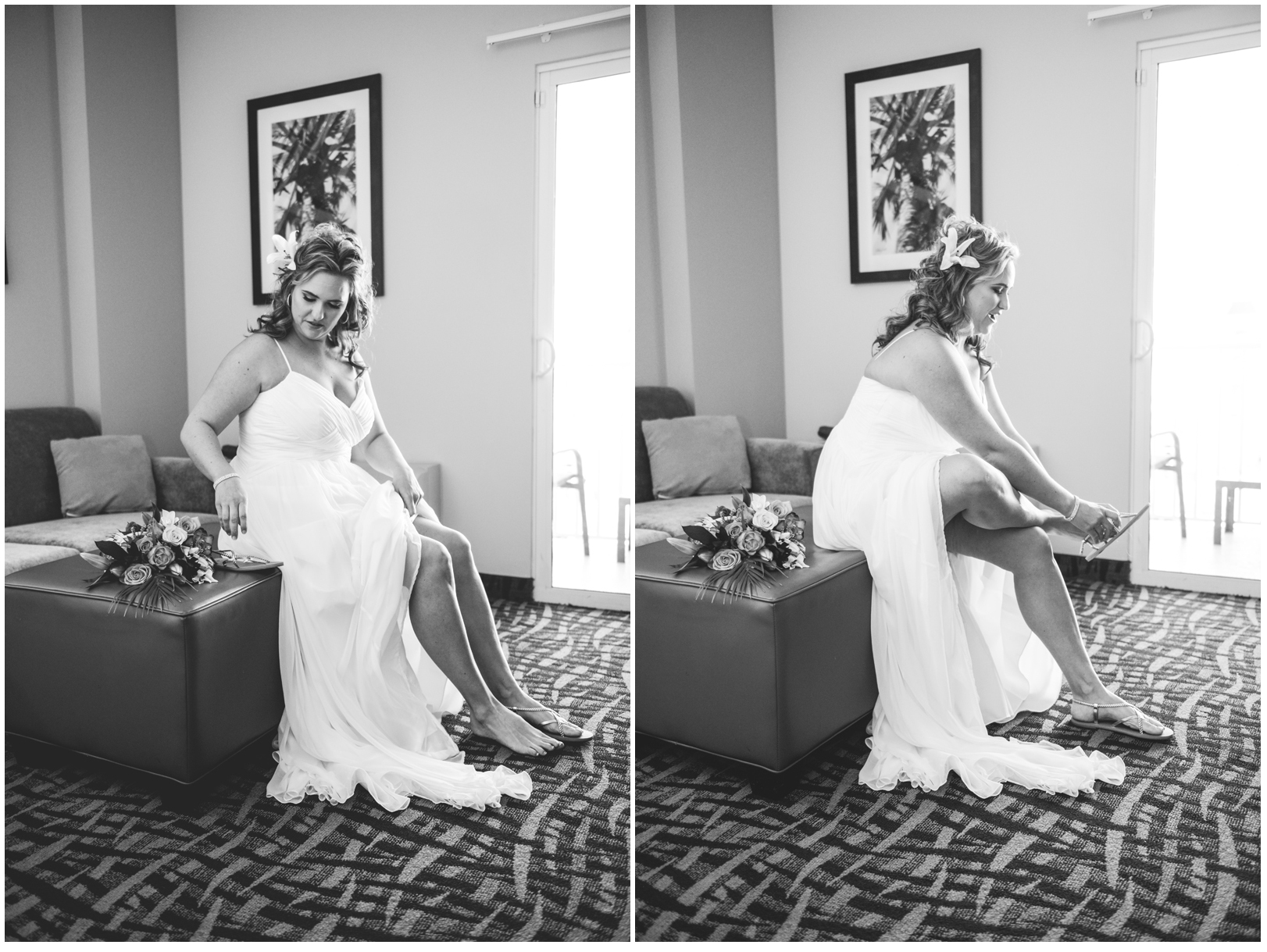 black and white, bride, hotel room, getting ready, shoes