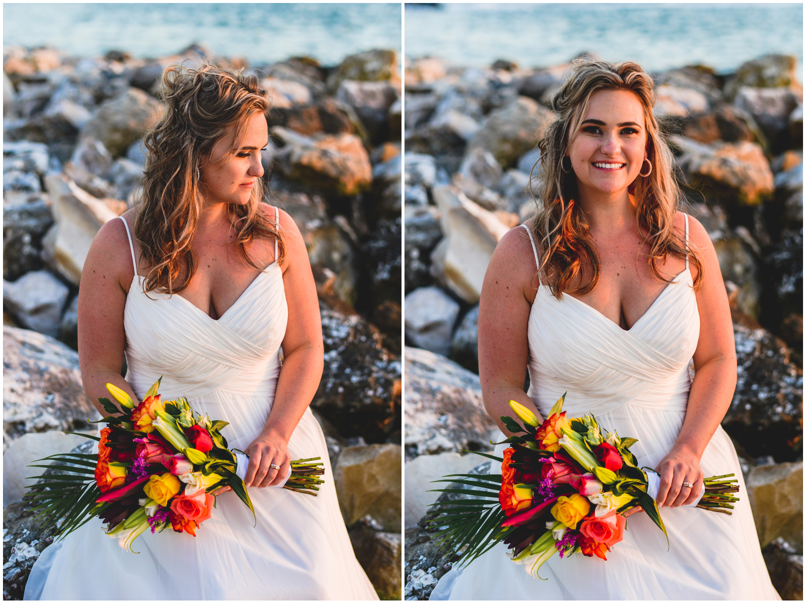 bride, rocks, beach, ocean, portrait, flowers