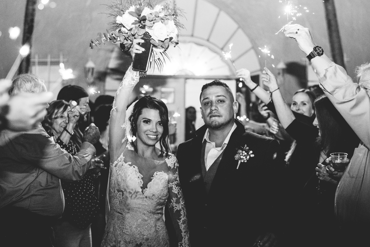 sparkler exit, black and white, wedding, bride, groom