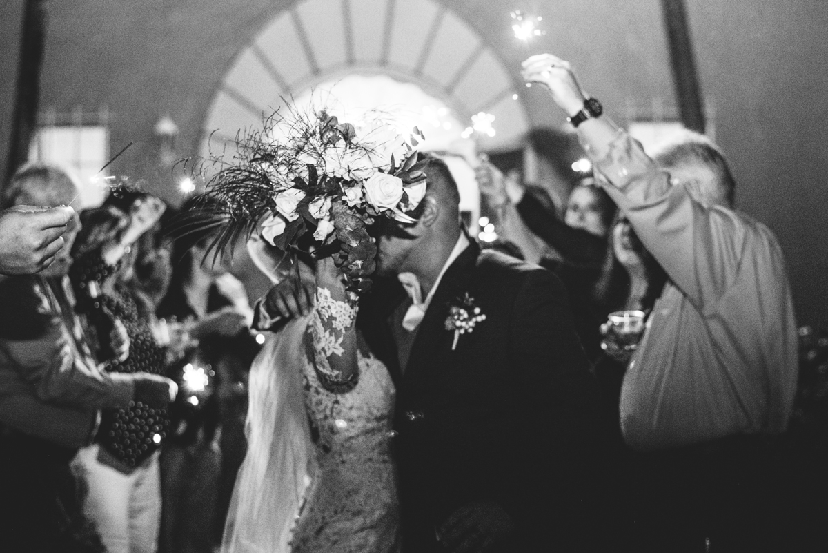 wedding, kissing, bride, groom, sparkler, exit