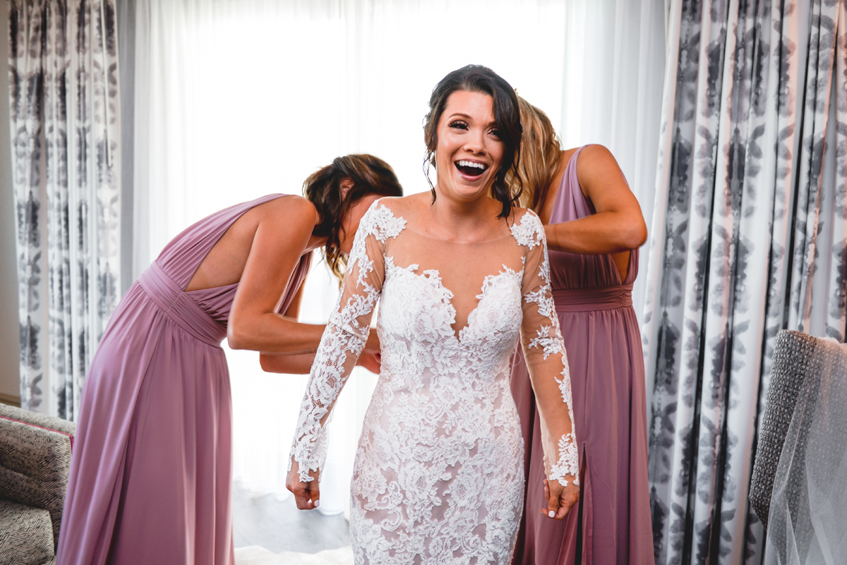 brides, laughing, getting ready, wedding, dress