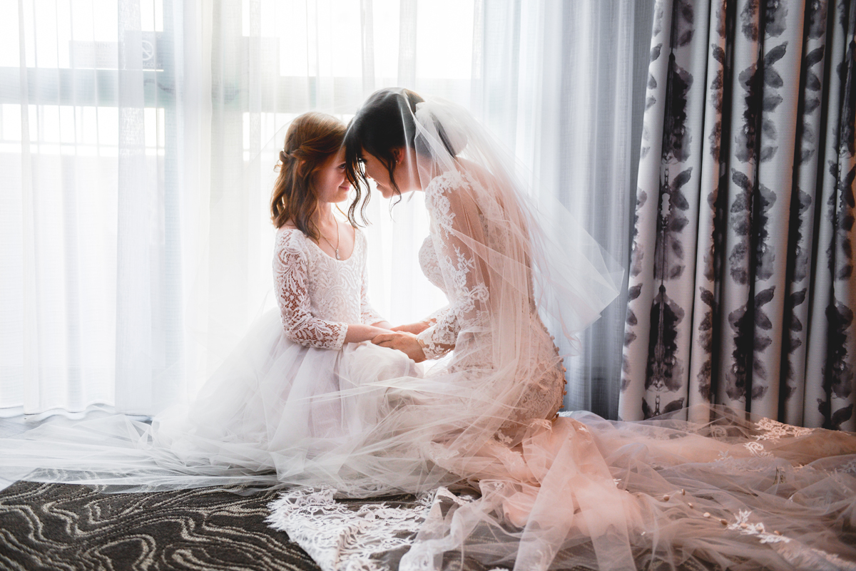 wedding dress, bride, flower girl, veil, hotel