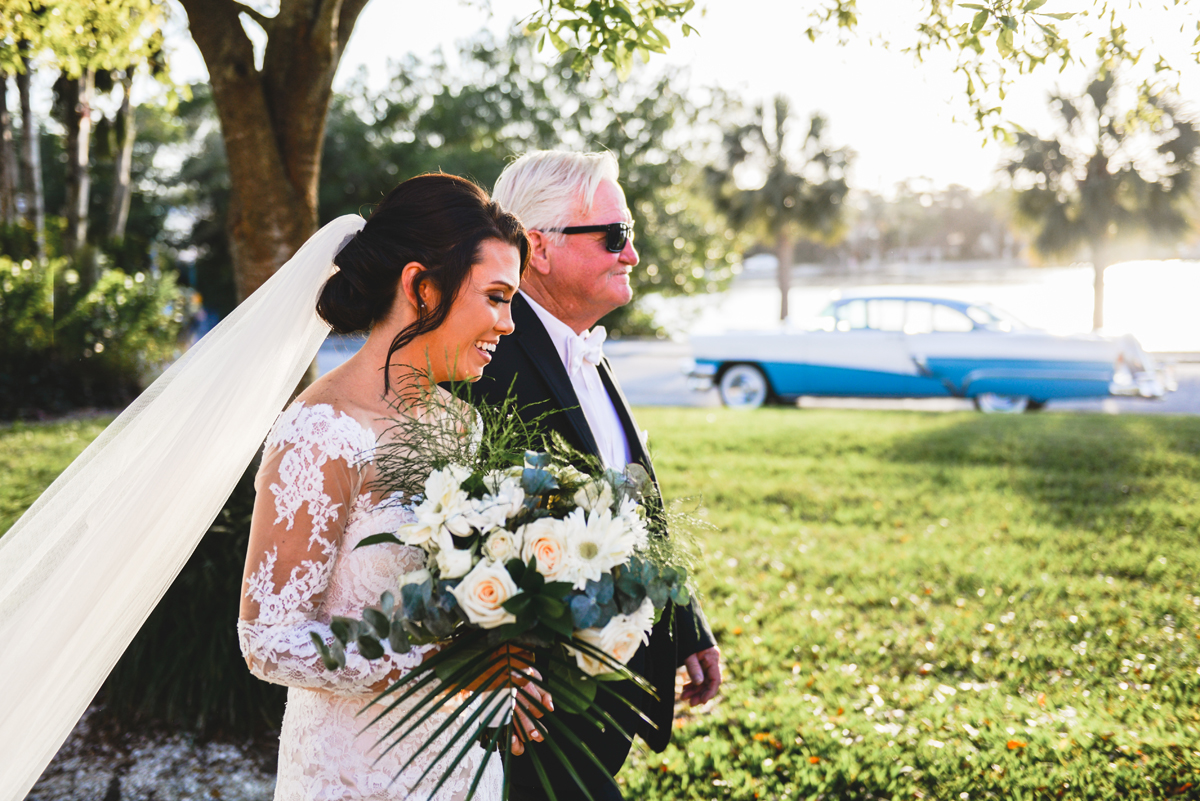 wedding, father, bride, vintage car, walking