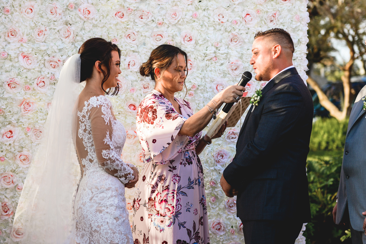 wedding, bride, groom, vows, flower wall