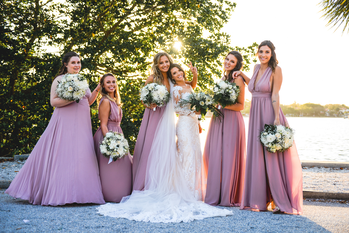 girlfriends, bridesmaids, trees, water, sunset