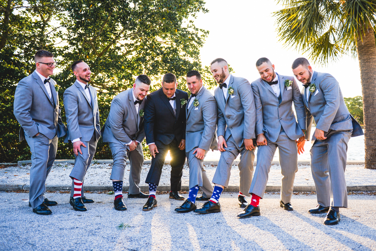 grooms, groomsmen, socks, beach, sunset, palm trees