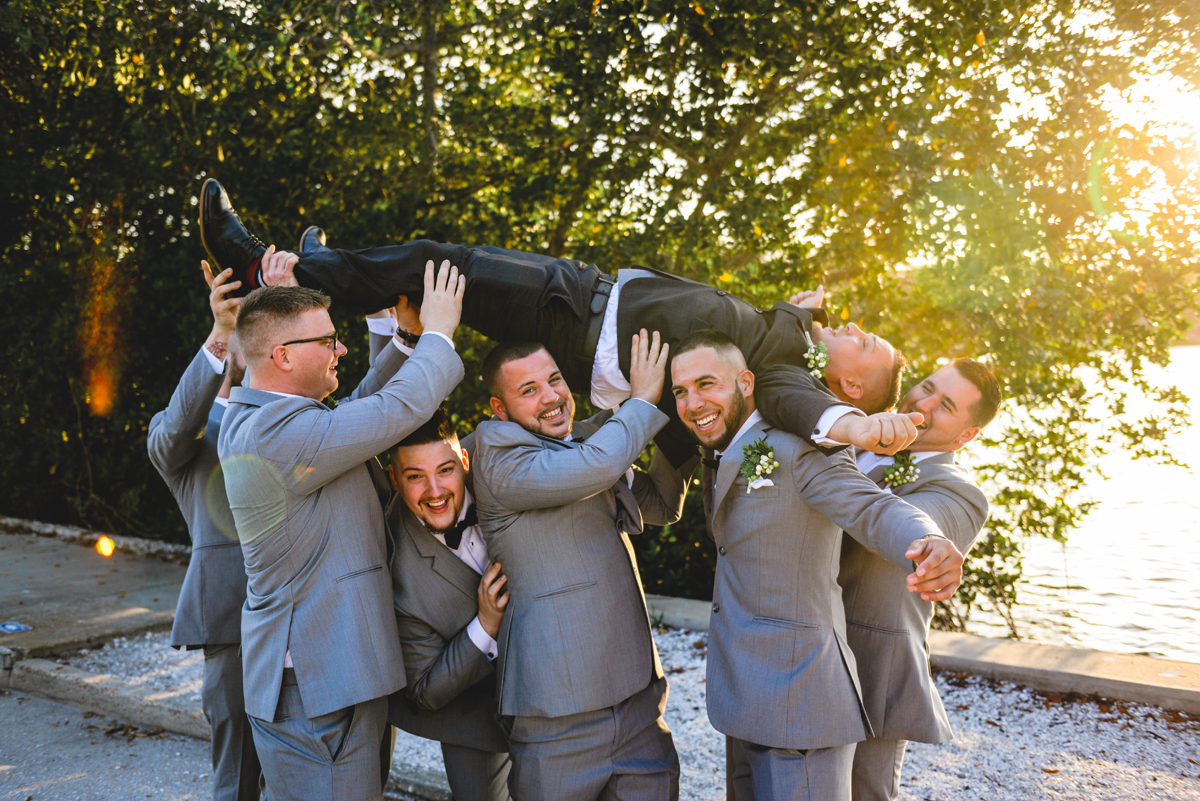 groomsmen, sunset, sunflare, posing