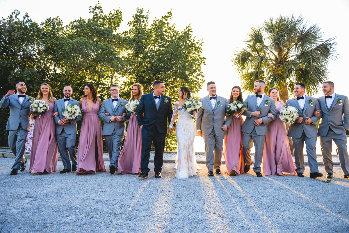 bride, groom, wedding party, palm trees, natural light