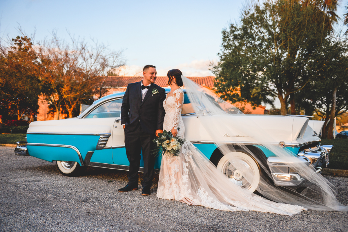 vintage car, wedding, bride, groom, sunset, blue