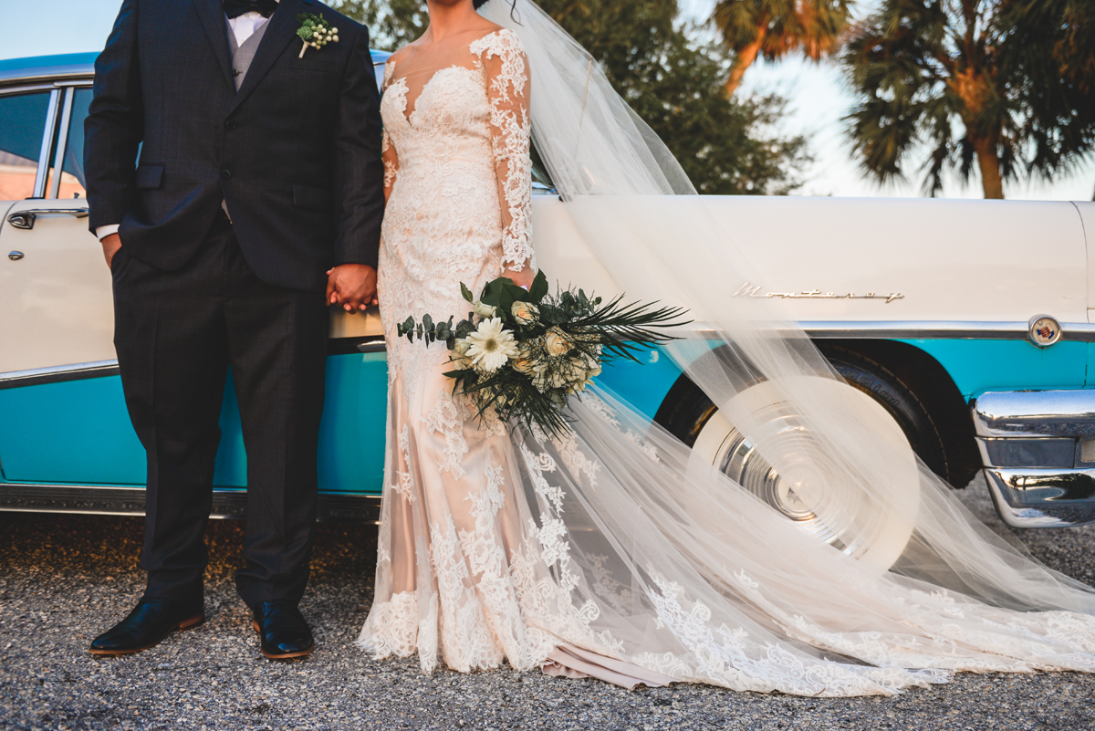  bride, groom, vintage car, bouquet, holding hands