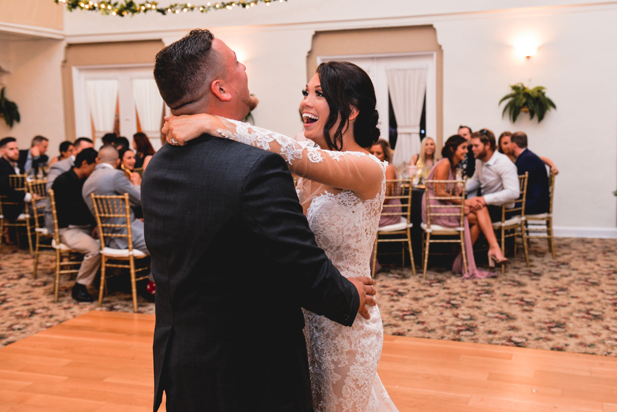 bride, groom, laughing, first dance, wedding, reception