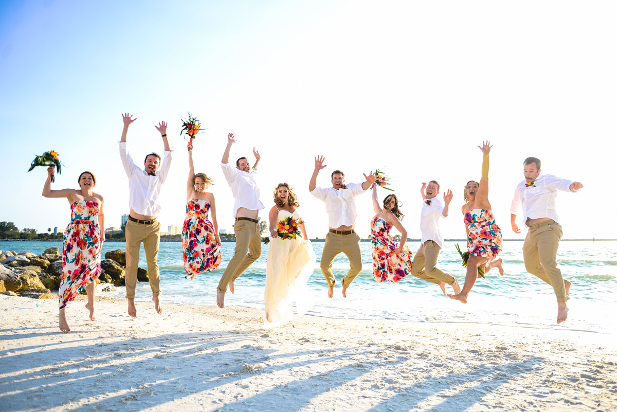 jumping, beach, wedding, bridal party, celebration