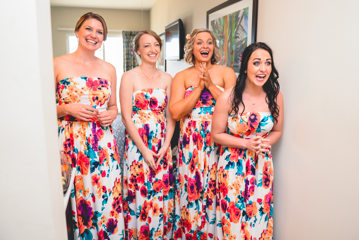 bridemaids, floral, dresses, reaction, excited